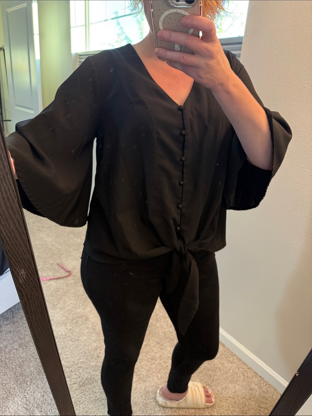 Black Tie-Front V-Neck Blouse - Women's Top